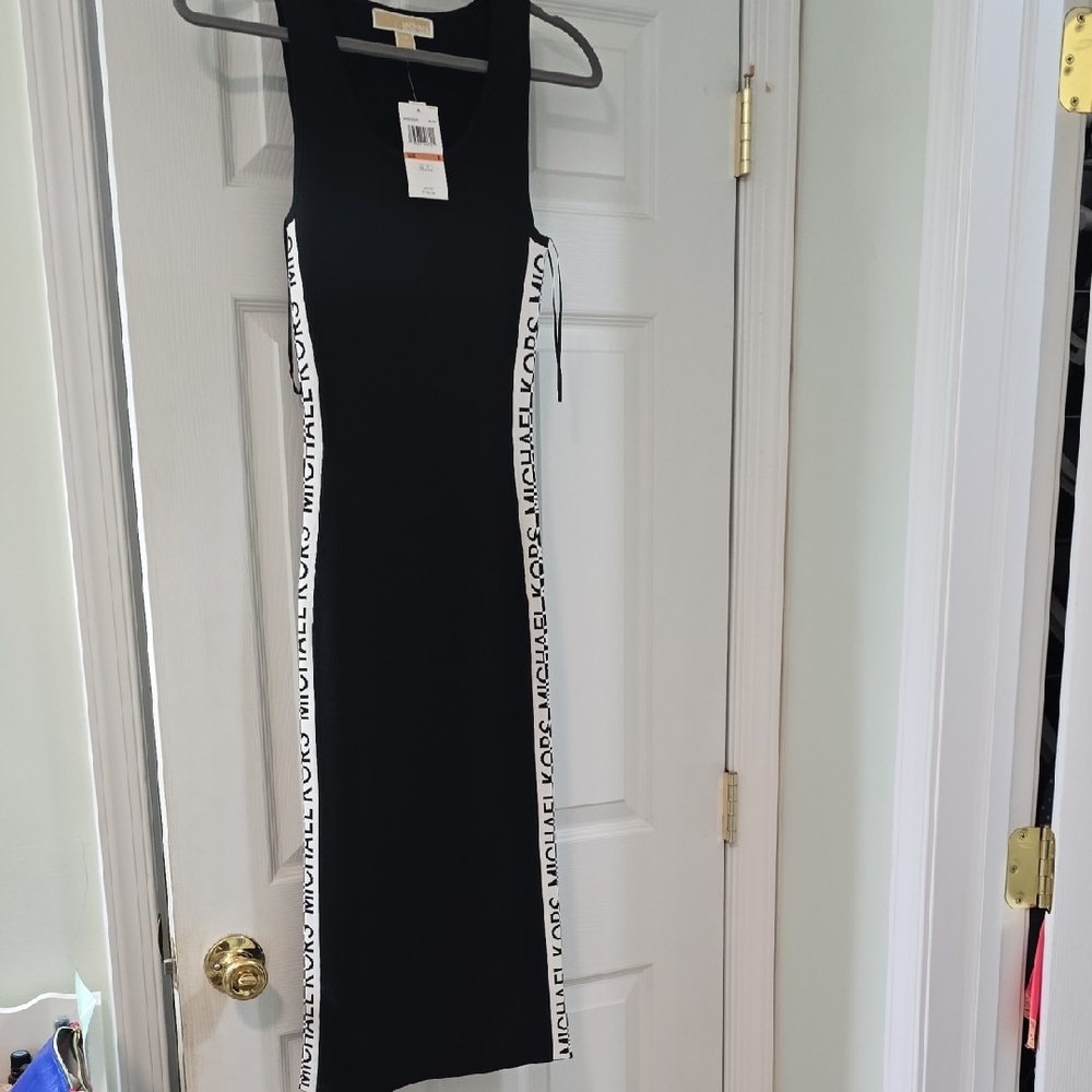 Michael Kors Black Midi Dress with Logo Side Panels